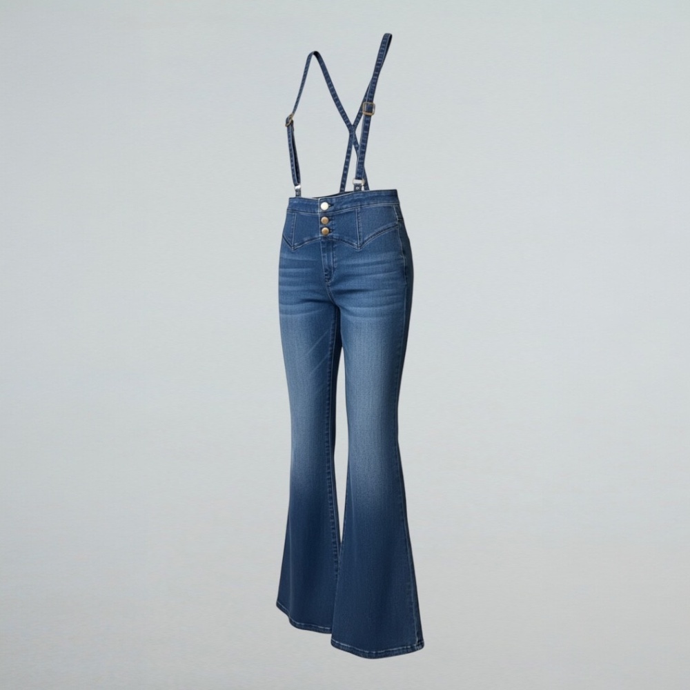 Bebe Flare Leg Denim Pants with Adjustable Suspenders